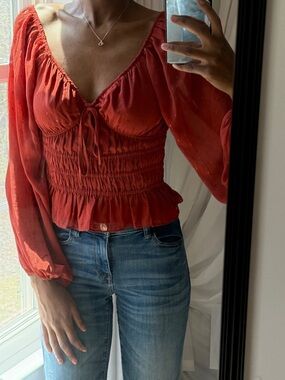 Express Rust Red Smocked Peplum Blouse